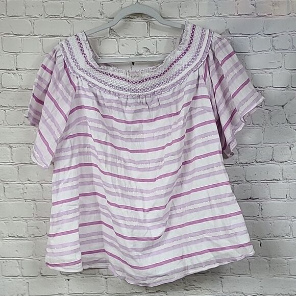 Lane Bryant 18/20 Off the Shoulder Flutter Sleeve Smocked Lavender Stripe Blouse - Picture 10 of 11